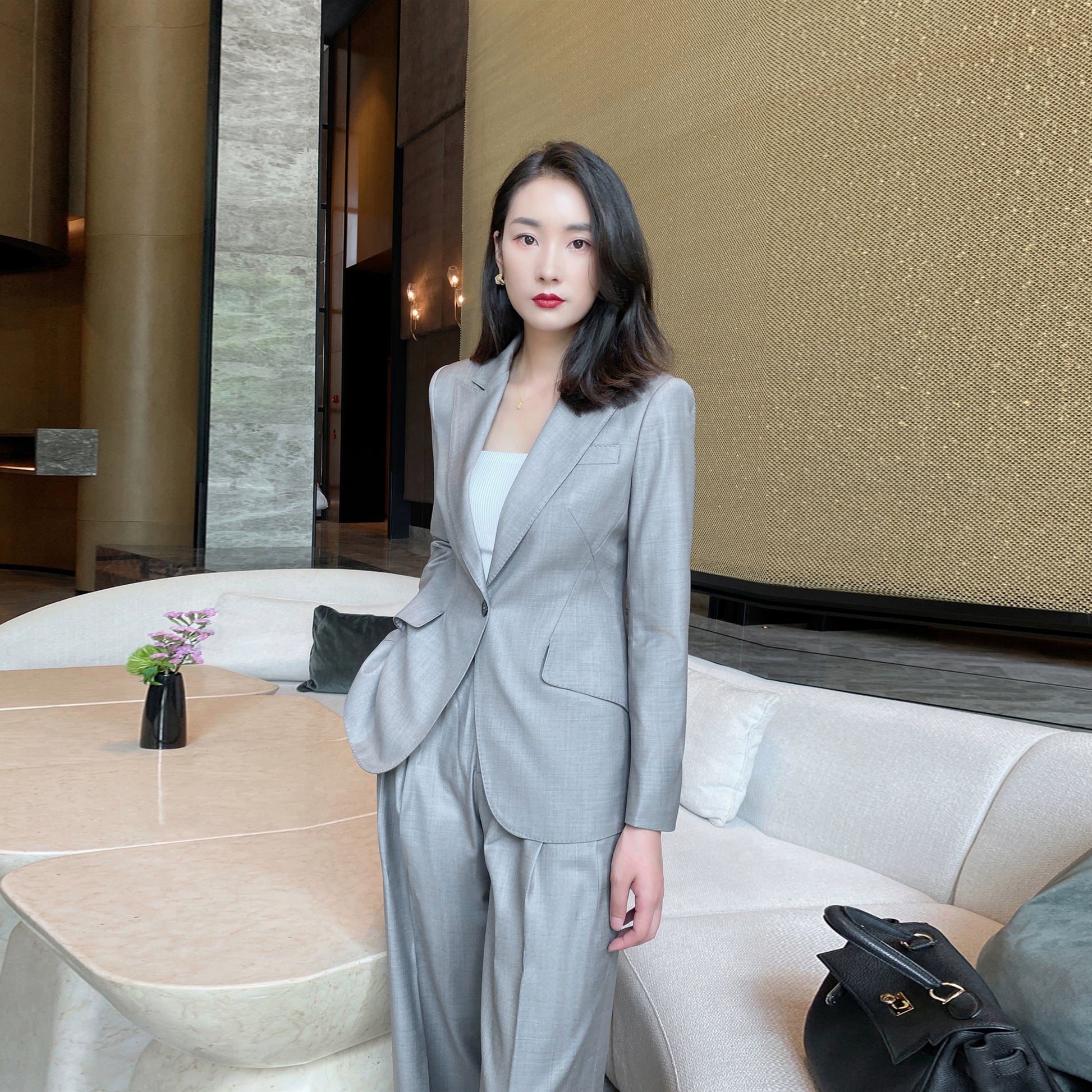 Grey Spring Autumn Unisex Classic Suit Jacket with Wide-Leg Trousers