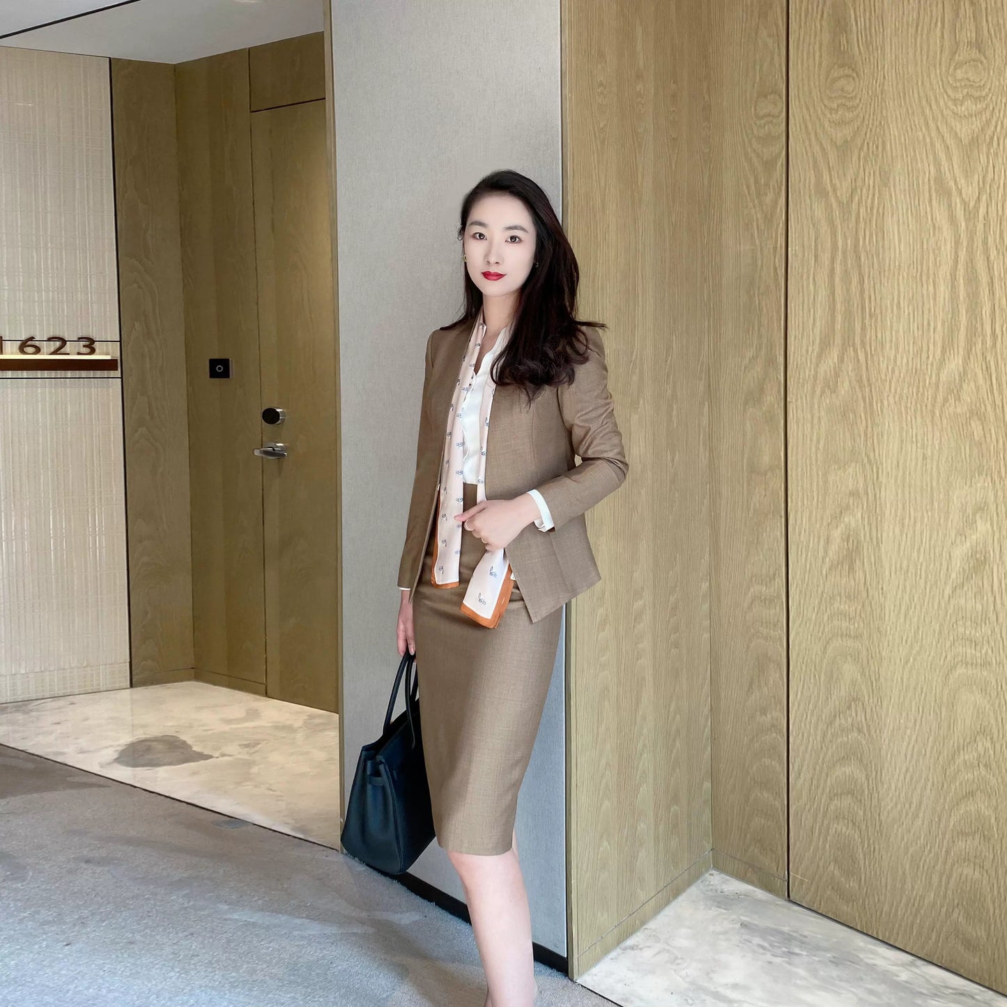 Elegant Autumn Coffee-Colored Classic Women's Suit with Fitted Skirt