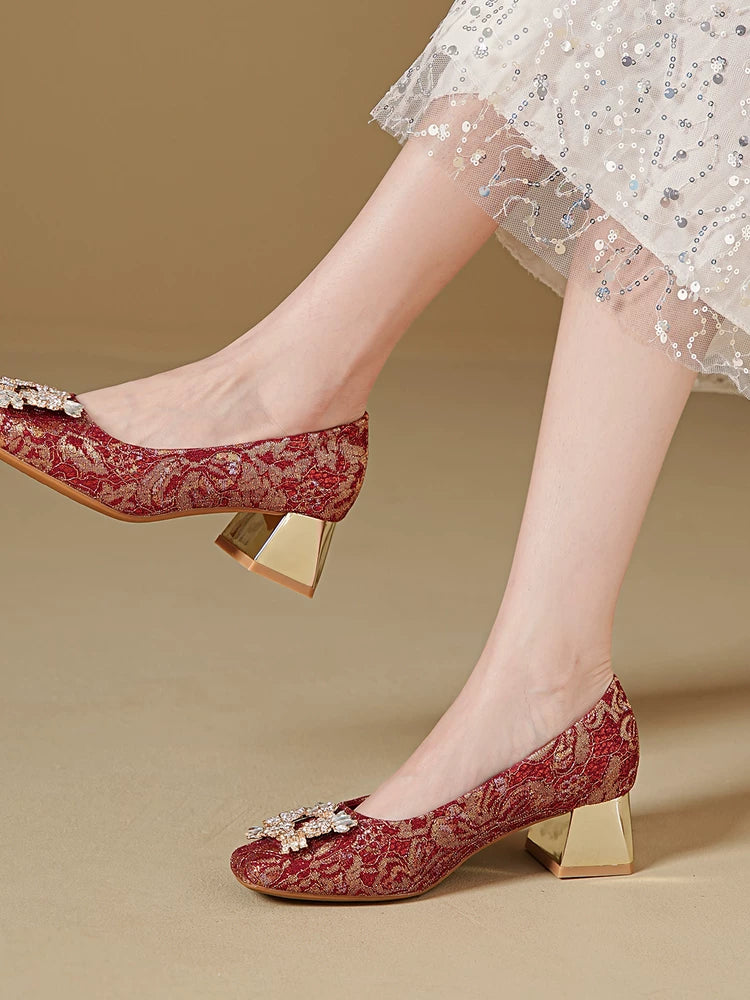 Square Toe Bridal Shoes 2025 Two‑Way Crystal Stiletto Red Heel