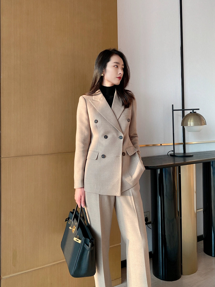 Beige Demi-Season Woolen Women's Suit with Tailored Fit
