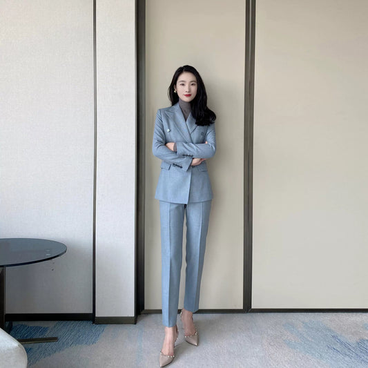 Elegant Blue Wool Suit Jacket with Tailored Winter Trousers