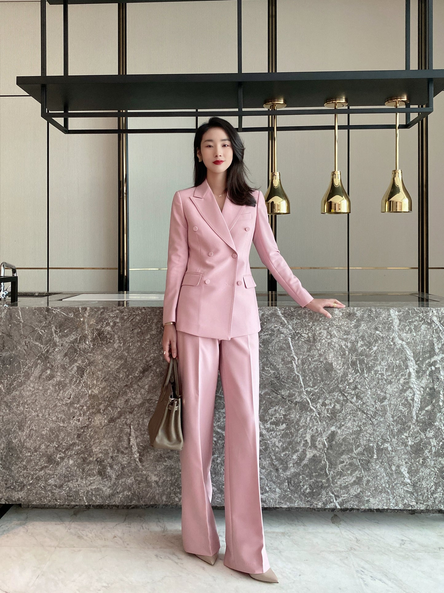 Fuchsia Classic Double-Breasted Suit with High-Waist Wide-Leg Trousers