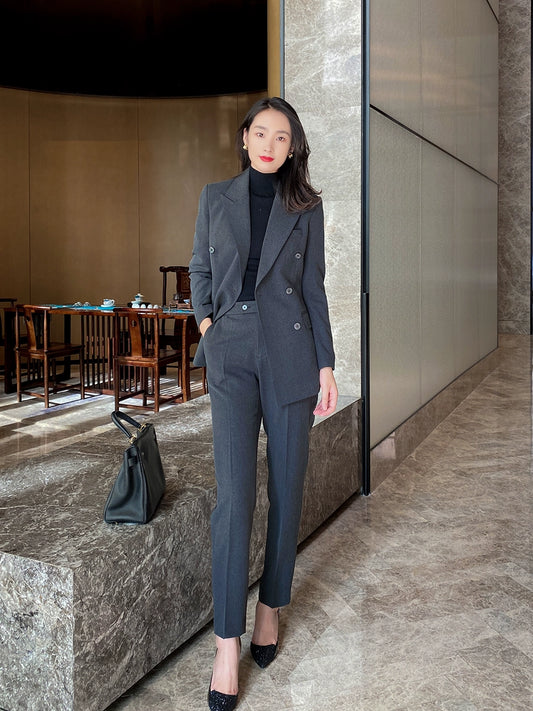 Blue Gray Demi-Season Classic Women's Suit Jacket & Trousers