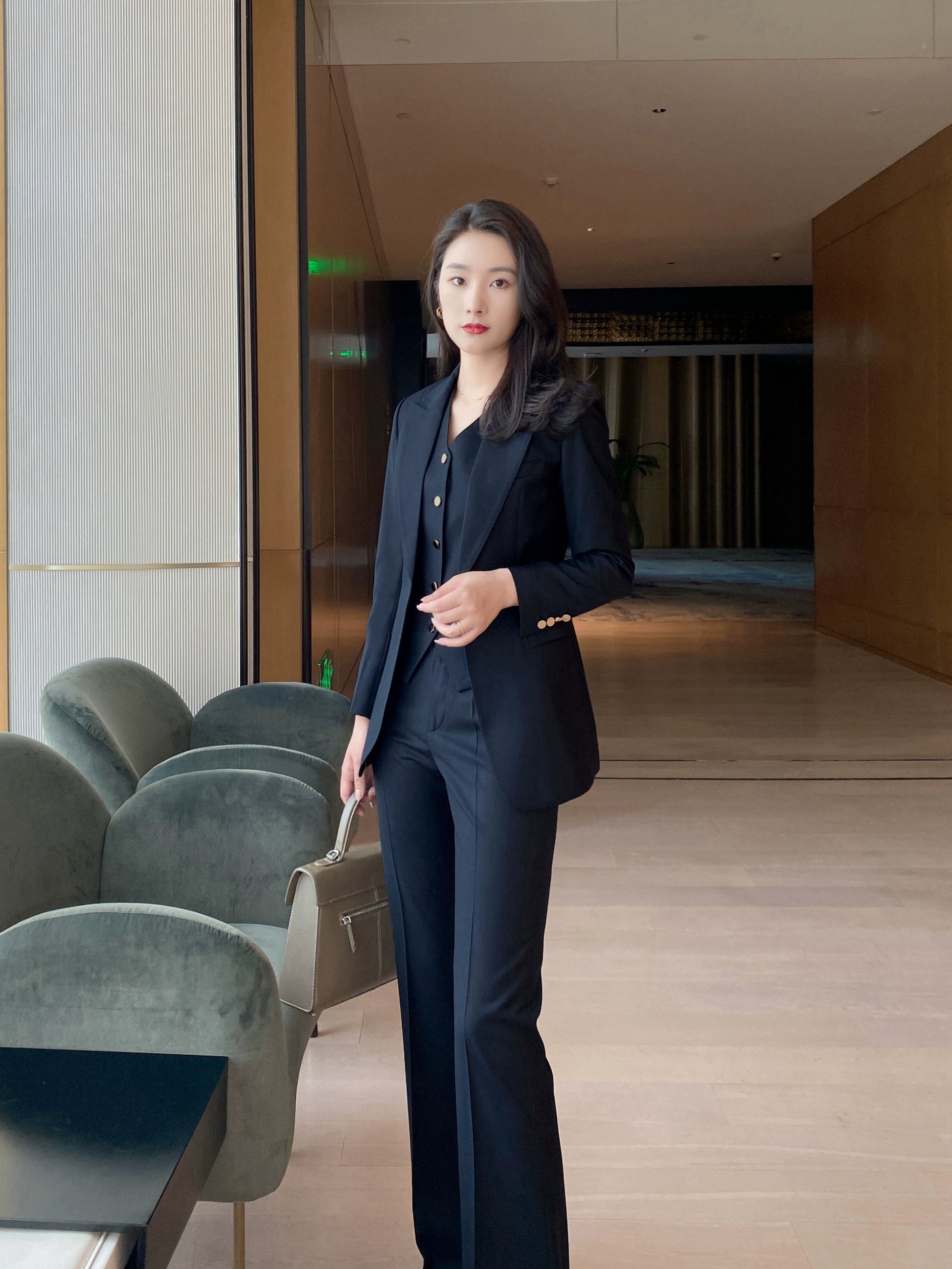 Autumn Classic Blue-Black 3-Piece Suit Set Jacket Vest Flared Trousers