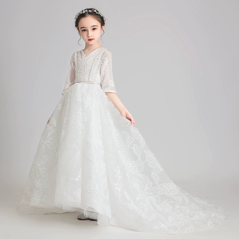 Elegant Flower Girl Dress Extra-Long Wedding Princess Costume Evening Gown