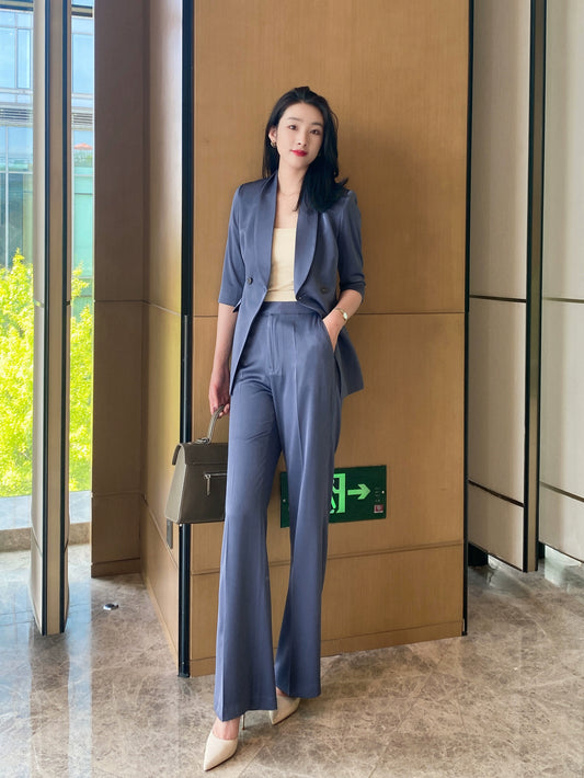 Elegant Summer Blue Women's Suit Set – Loose Straight Fit