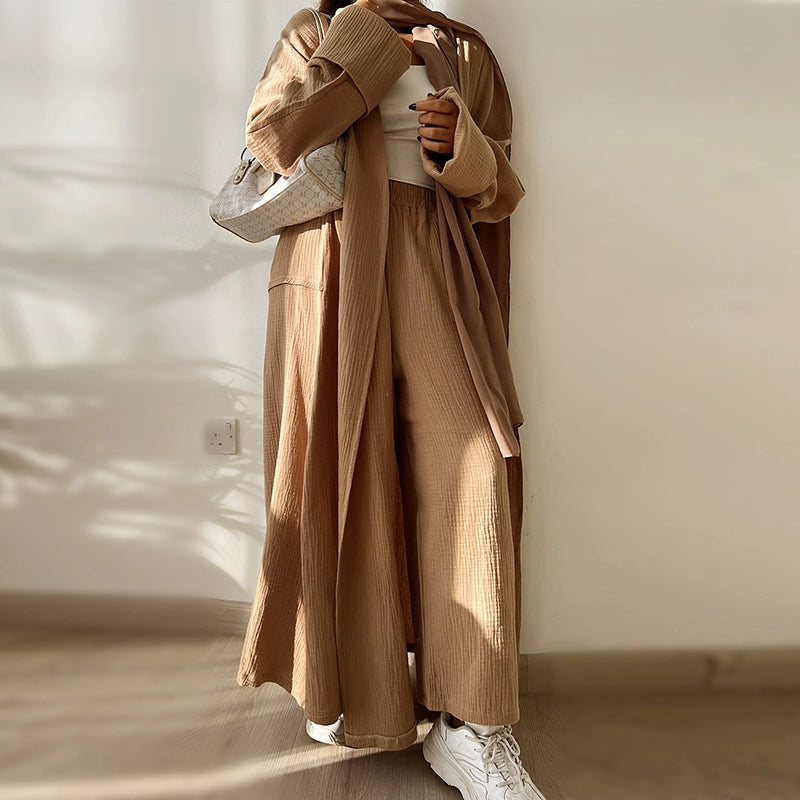 Elegant Arabic Long Set – Blue Skirt, Cardigan & Trousers