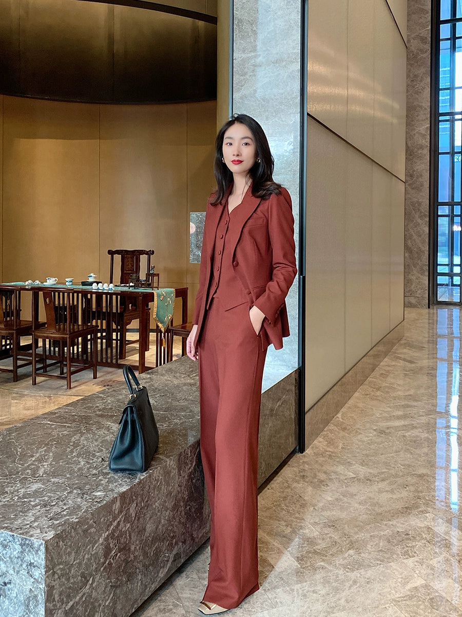 Elegant Burgundy 3-Piece Women's Suit Set with Vest and Trousers