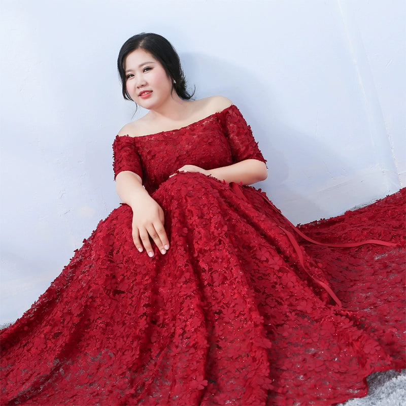 Burgundy Open Shoulder Evening Dress