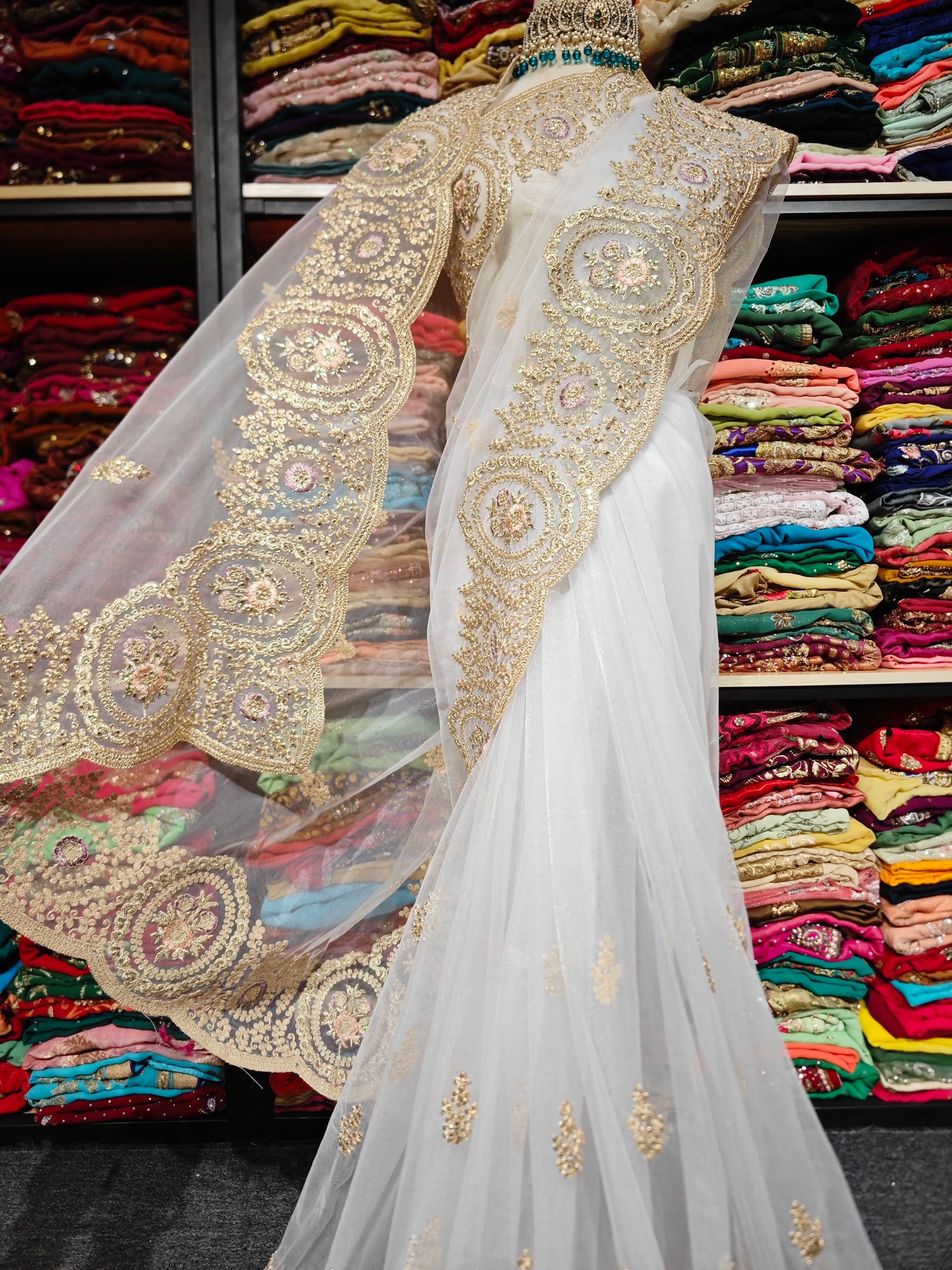 Indian White Embroidered Sari