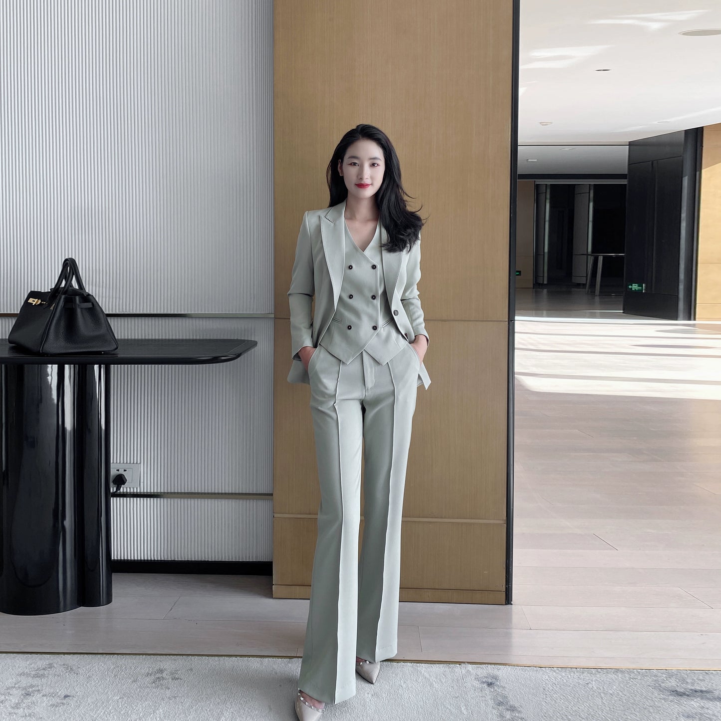 Elegant Khaki Women's Three-Piece Suit with Jacket Vest Flared Trousers