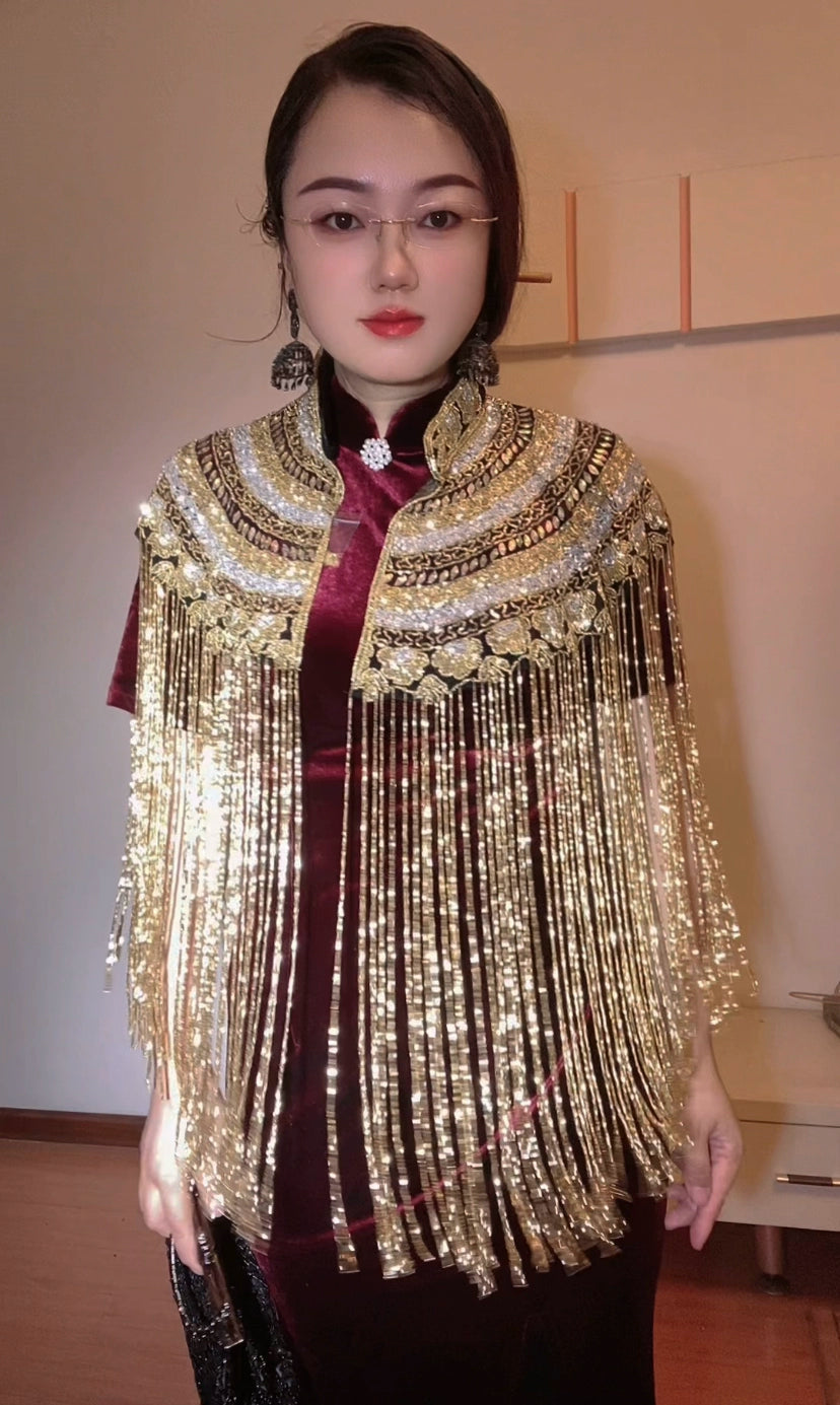 Handcrafted Indian Cheongsam Cloak with Tassels and Beads