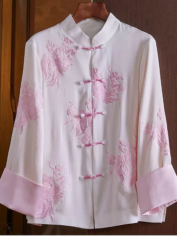 Women's Loose Pink Embroidered Cardigan With Phoenix Design