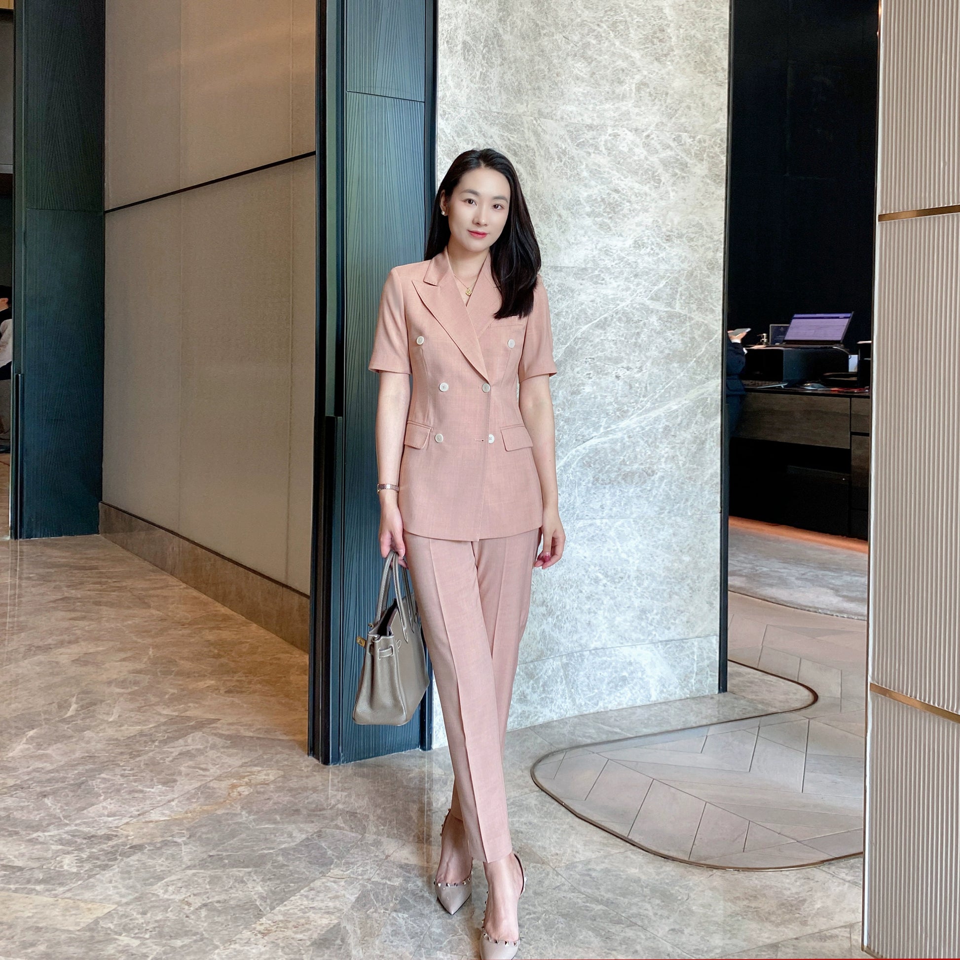 Fuchsia Summer Light Slim Suit Set with Short Sleeve