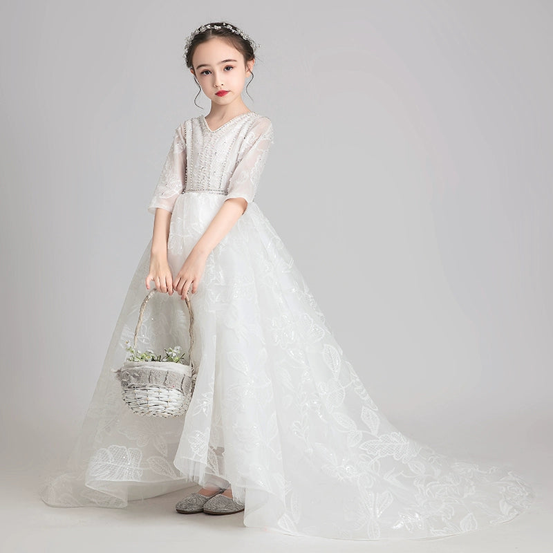 Elegant Flower Girl Dress Extra-Long Wedding Princess Costume Evening Gown