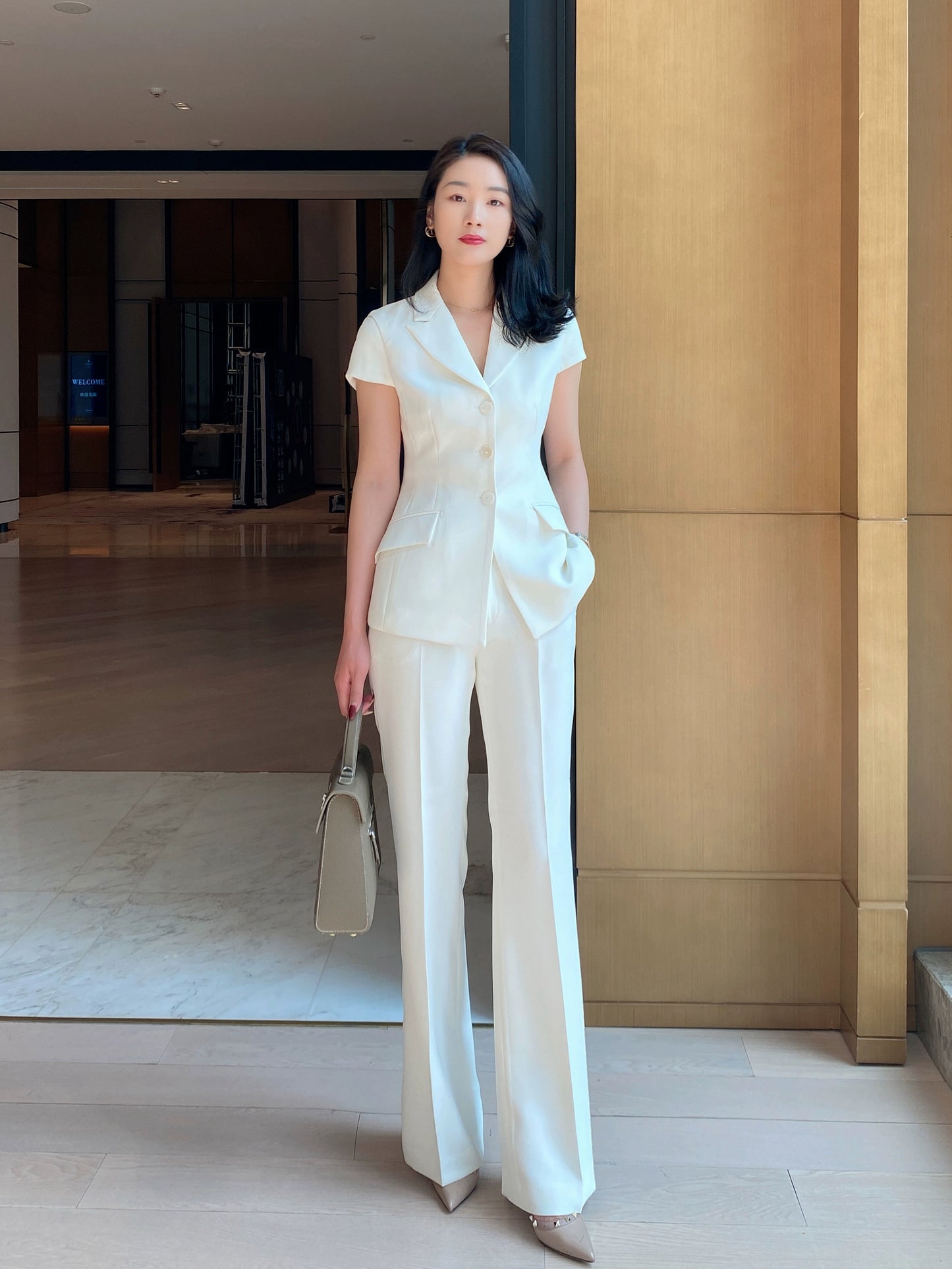 White Flared Summer Trousers with Short Sleeve Blouse