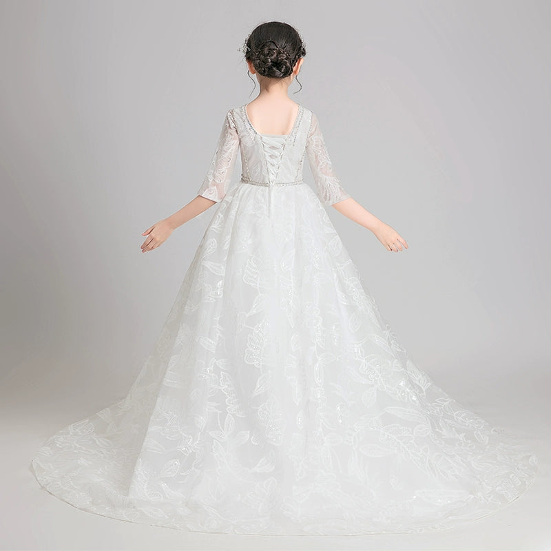 Elegant Flower Girl Dress Extra-Long Wedding Princess Costume Evening Gown