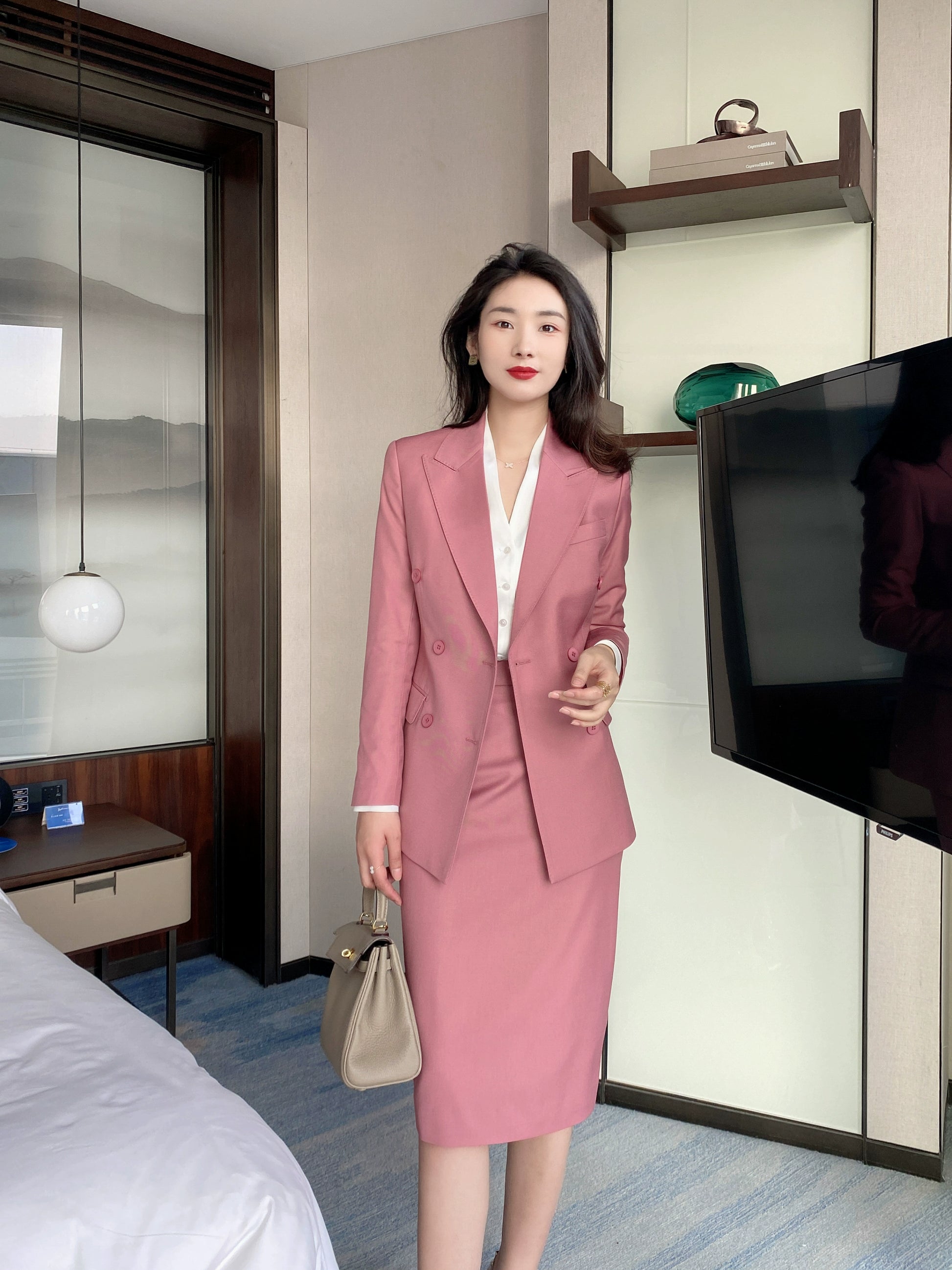 Elegant Dry Rose Powder Women's Suit Jacket & Skirt Set