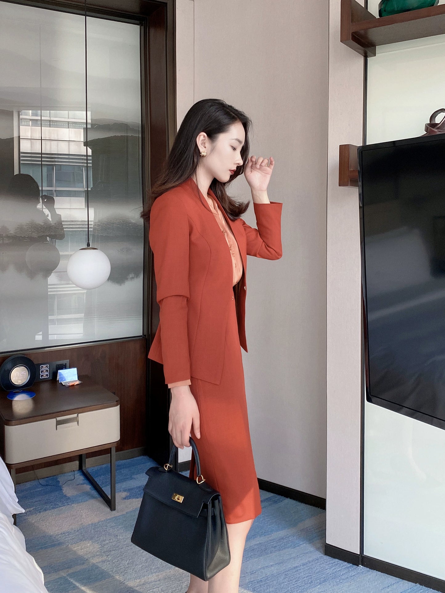 Rust Red Autumn Short Jacket & Pleated Skirt Set – Slim Fit