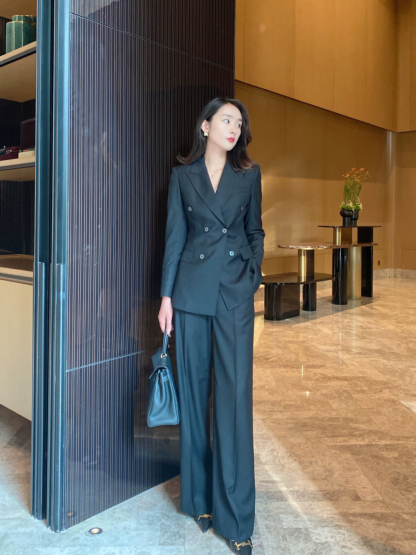 Elegant Black Autumn Suit Set Tailored Jacket and Wide‑Leg Trousers