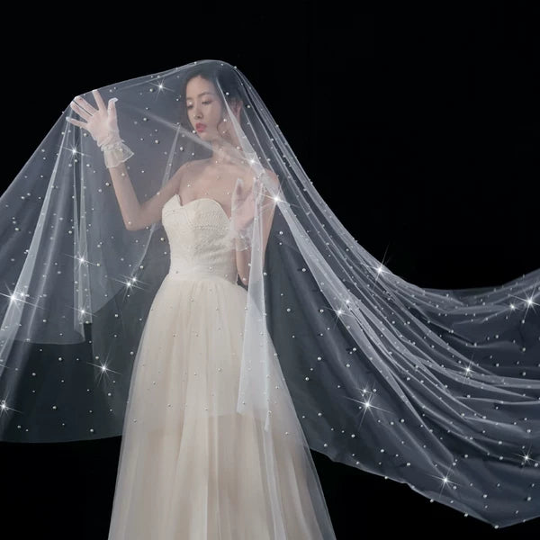 Wedding Veil Pearls Bride Photo Props Long Universal