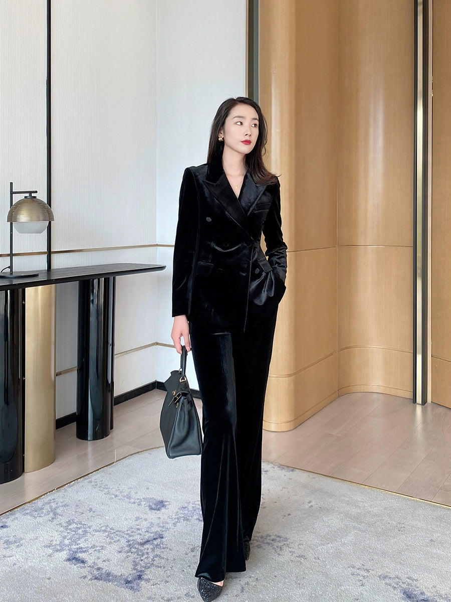 Elegant Black Velvet Demi-Season Suit with Flared Trousers