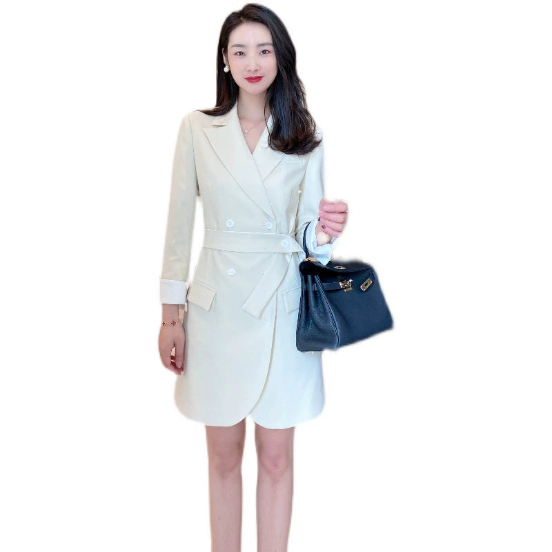 Elegant Oat-Colored Korean Autumn Suit Dress for Women