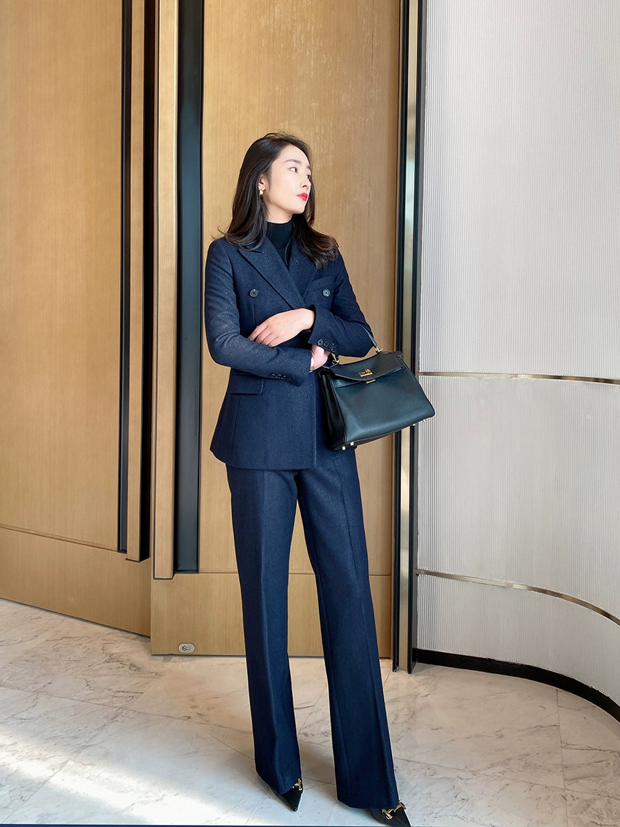 Premium Demi-Season Woolen Black Straight-Leg Trousers for Women