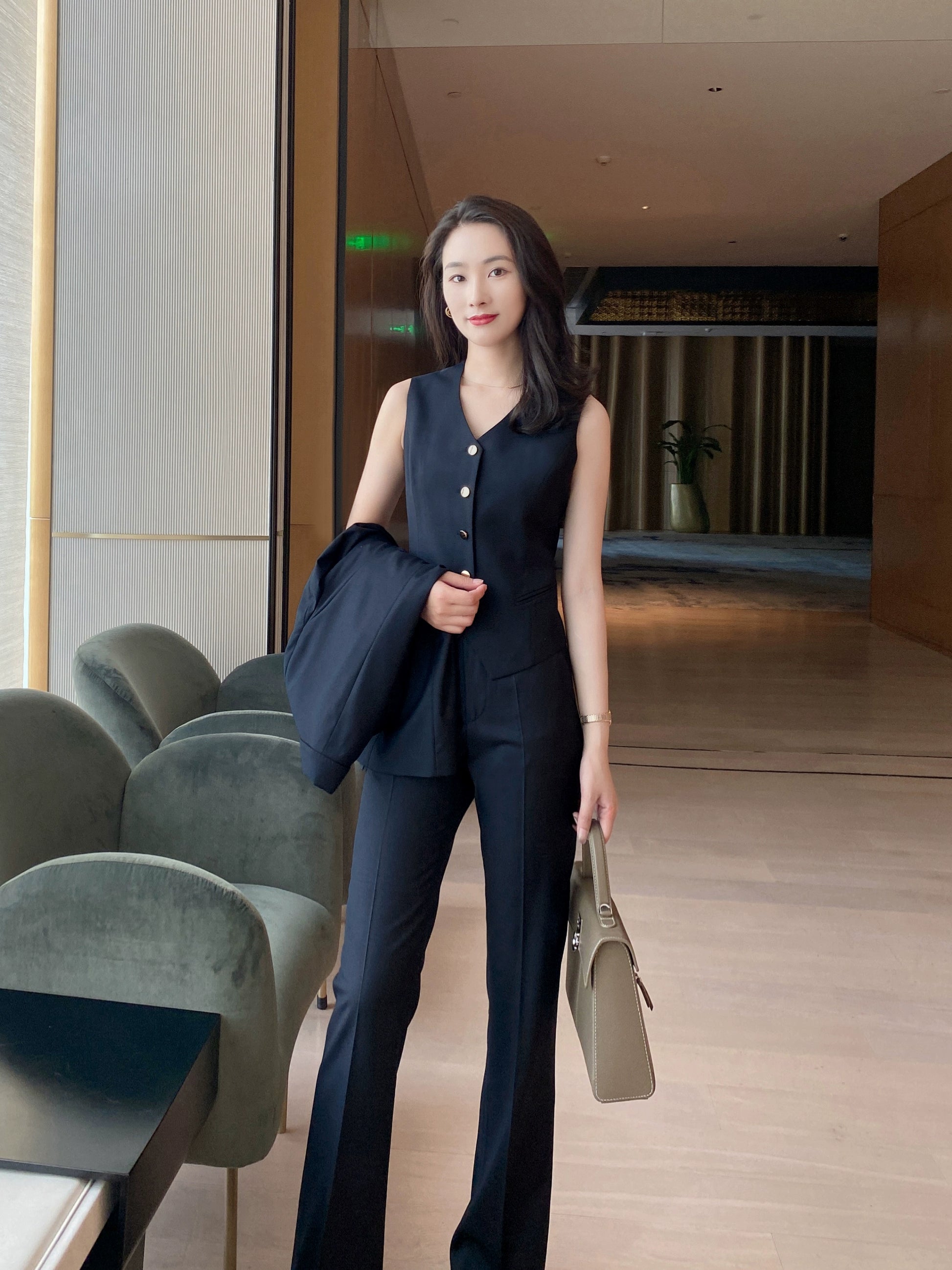 Autumn Classic Blue-Black 3-Piece Suit Set Jacket Vest Flared Trousers