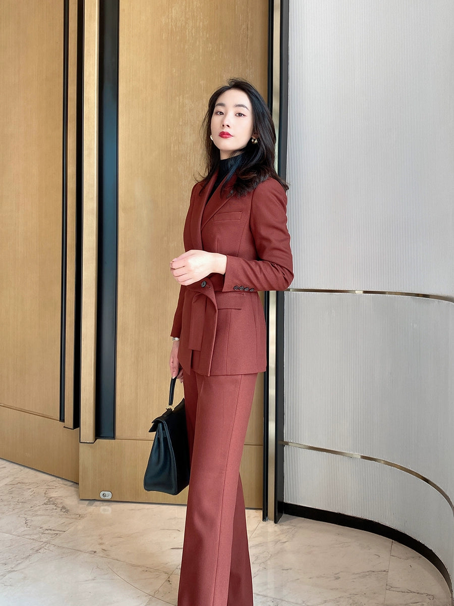 Christmas Red Velvet Women’s Tailored Suit with Flared Trousers