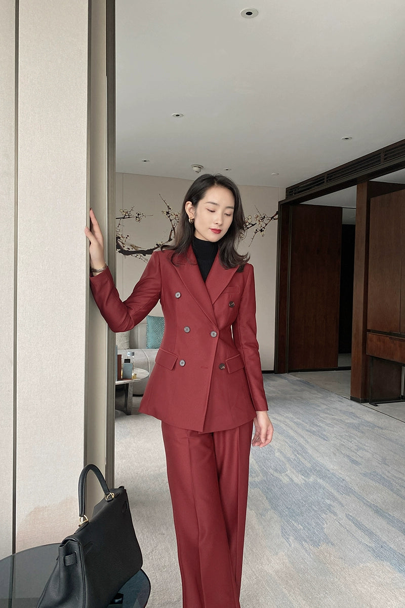 Demi-season Burgundy Women’s Suit Set – Slim Fit Jacket & Trousers