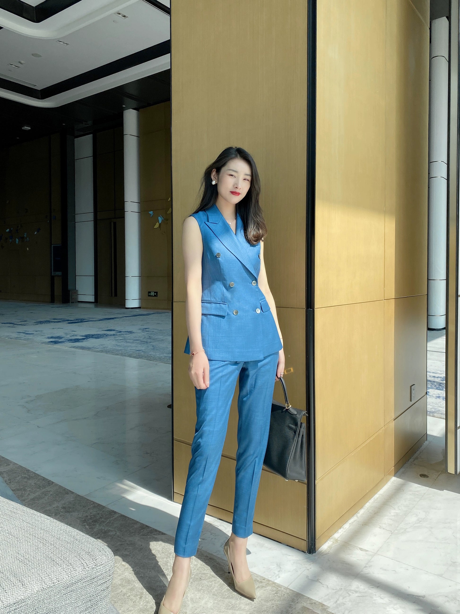 Prussian Blue Summer Thin Suit Set with Sleeveless Vest