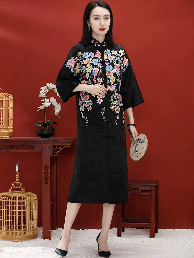 Custom Chinese Style Women's Mid-Length Coat with Hand‑Embroidered Button