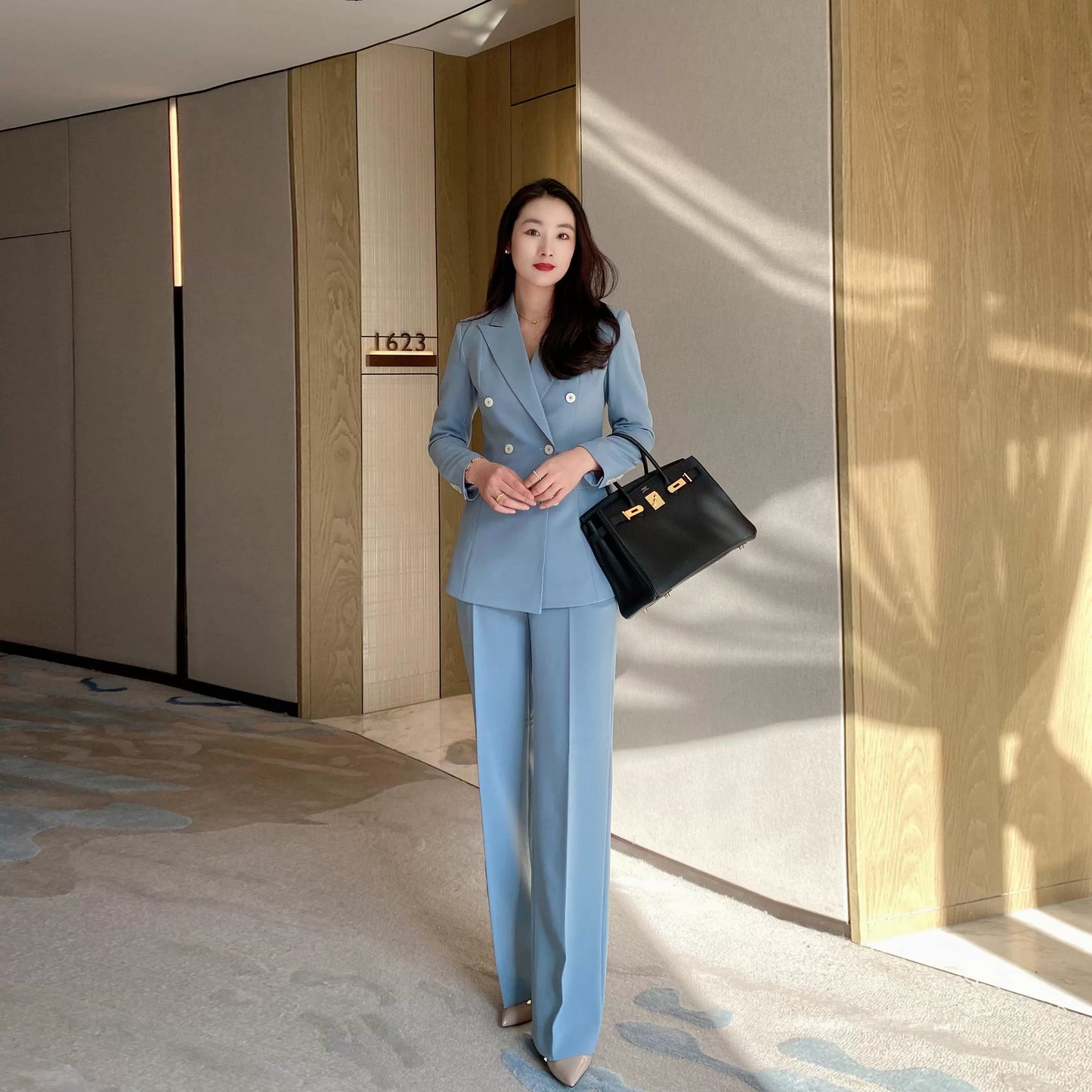 Lake Blue Women's Double‑Breasted Suit Set with Loose Straight Trousers