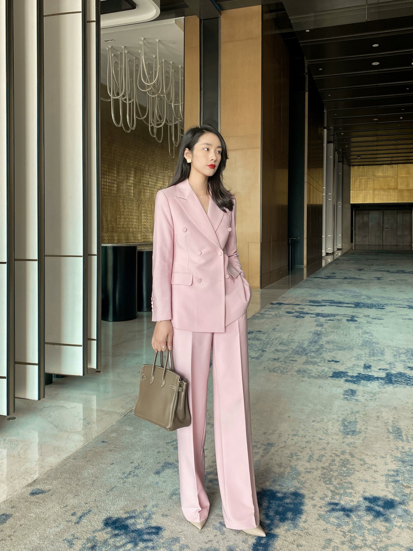 Fuchsia Classic Double-Breasted Suit with High-Waist Wide-Leg Trousers