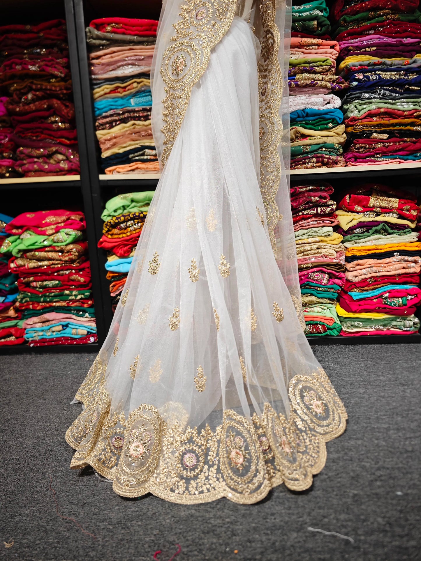 Indian White Embroidered Sari