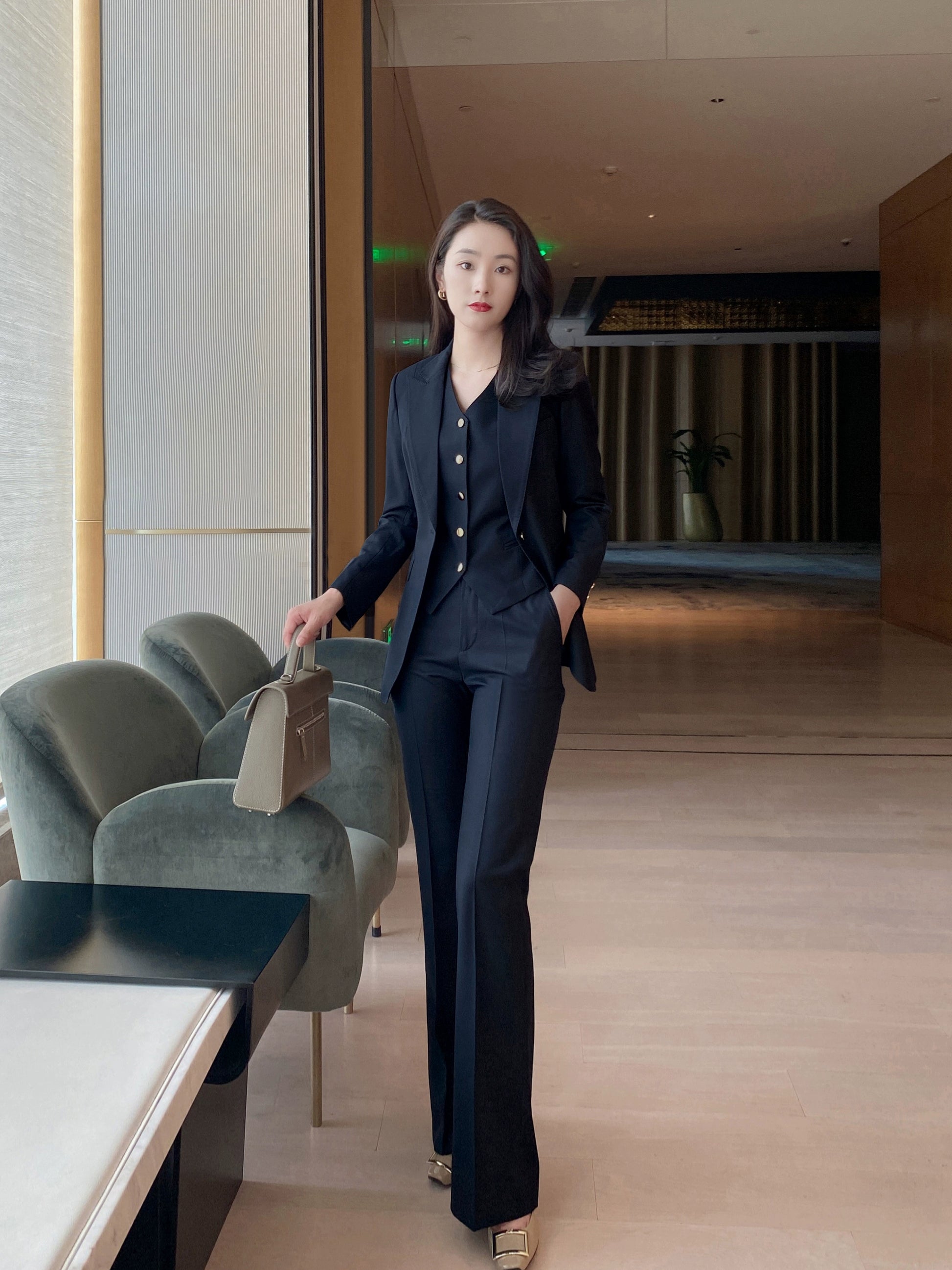 Autumn Classic Blue-Black 3-Piece Suit Set Jacket Vest Flared Trousers