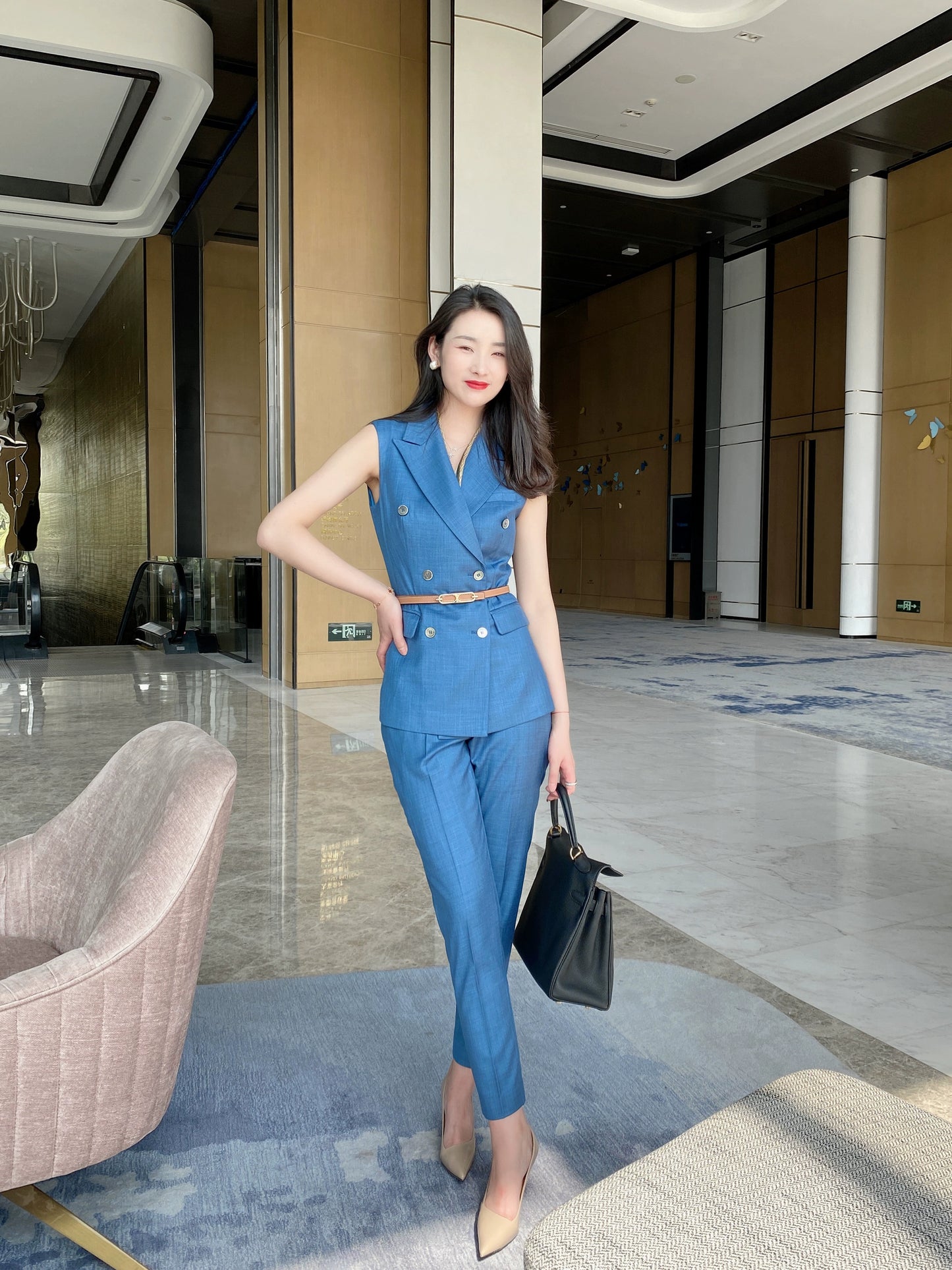 Prussian Blue Summer Thin Suit Set with Sleeveless Vest
