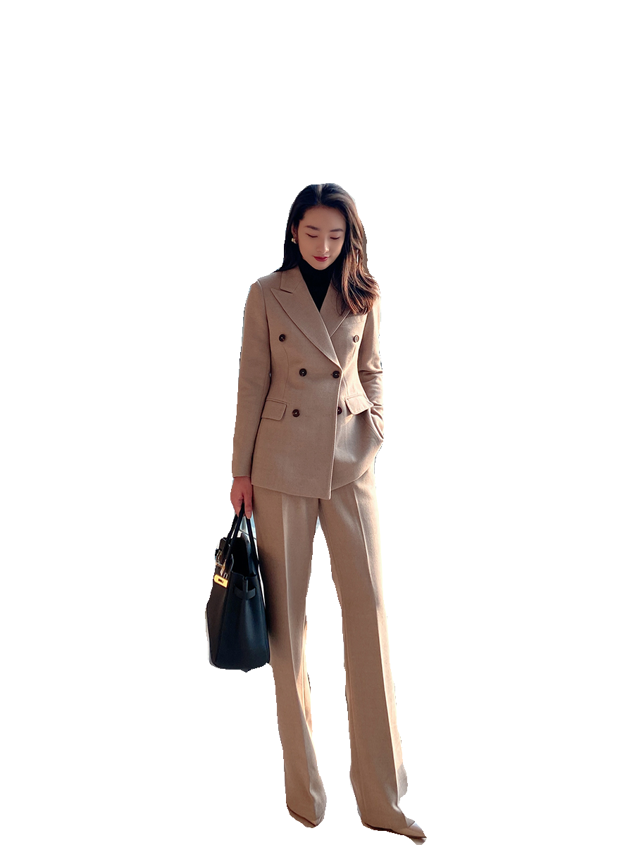 Beige Demi-Season Woolen Women's Suit with Tailored Fit