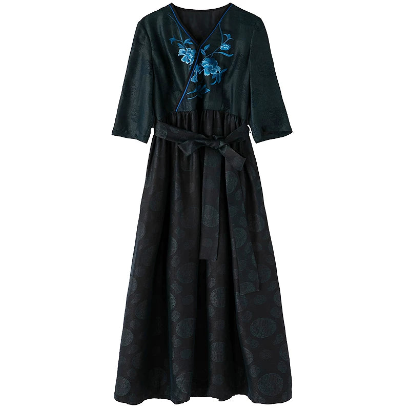 Silk Xiangyun Sa Embroidered Vintage Chinese Dress Black XL