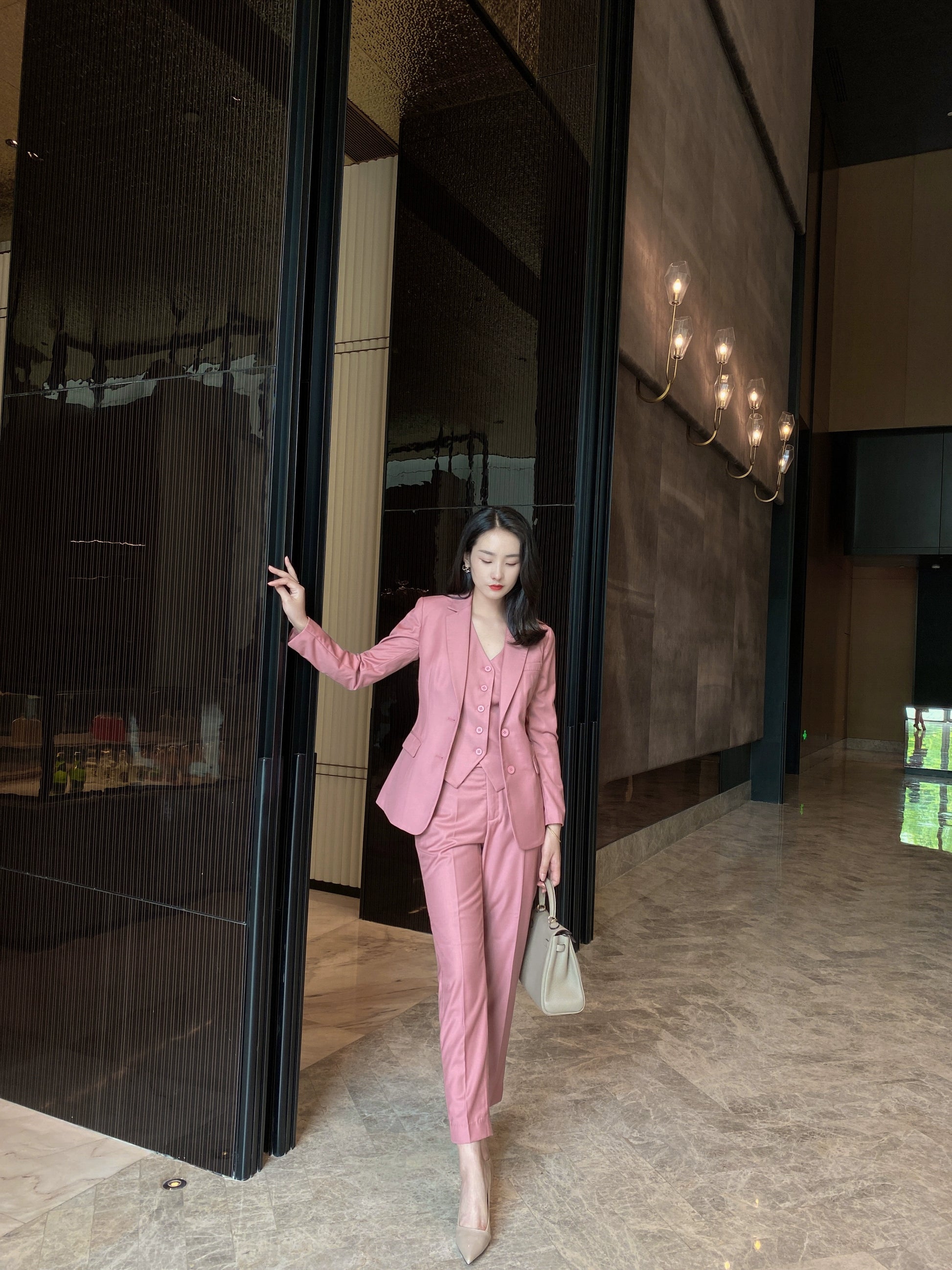 Elegant Autumn Dried Rose Powder Three-Piece Suit Set