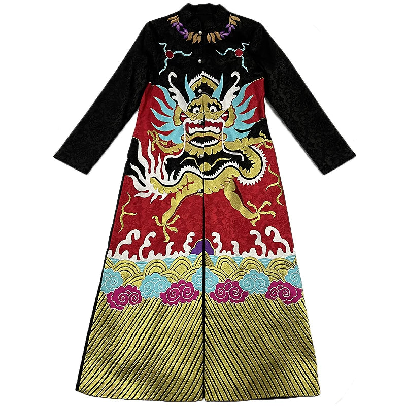 Women's Plus Size Trench Coat Black Hand‑Embroidered Dragon Robe