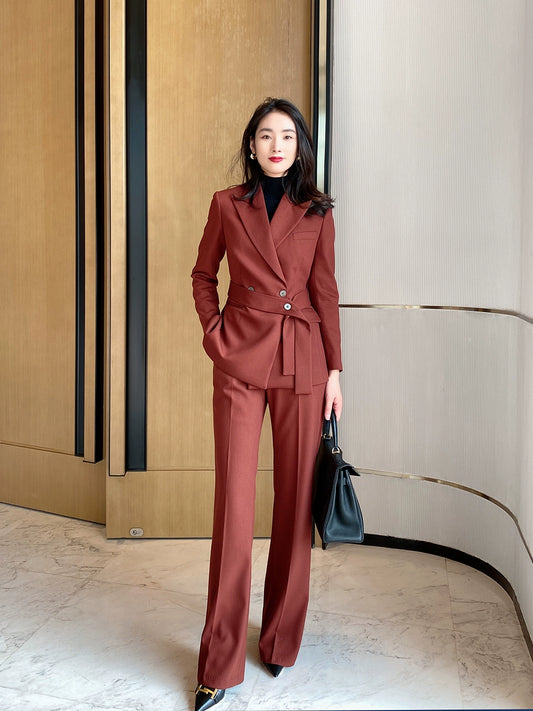 Christmas Red Velvet Women’s Tailored Suit with Flared Trousers