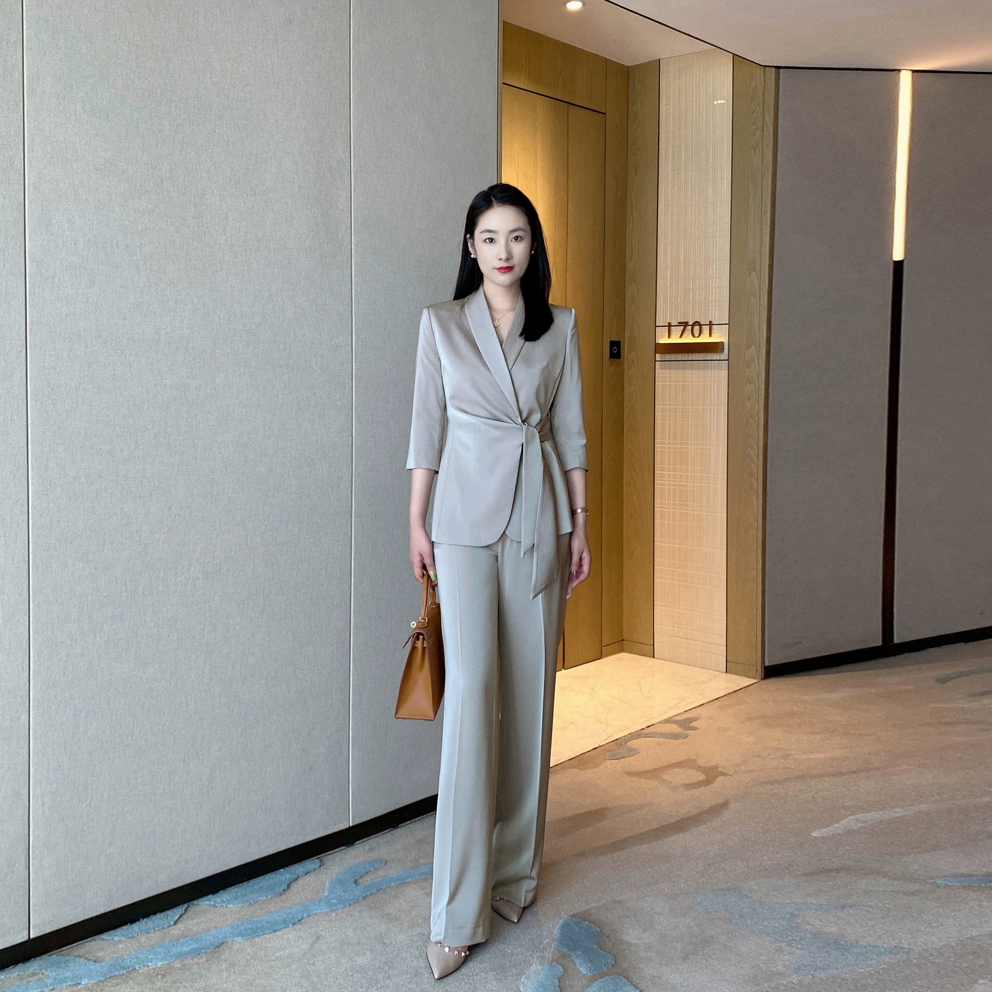 Mustard Polyester Classic Suit Jacket & Trousers Set for Women