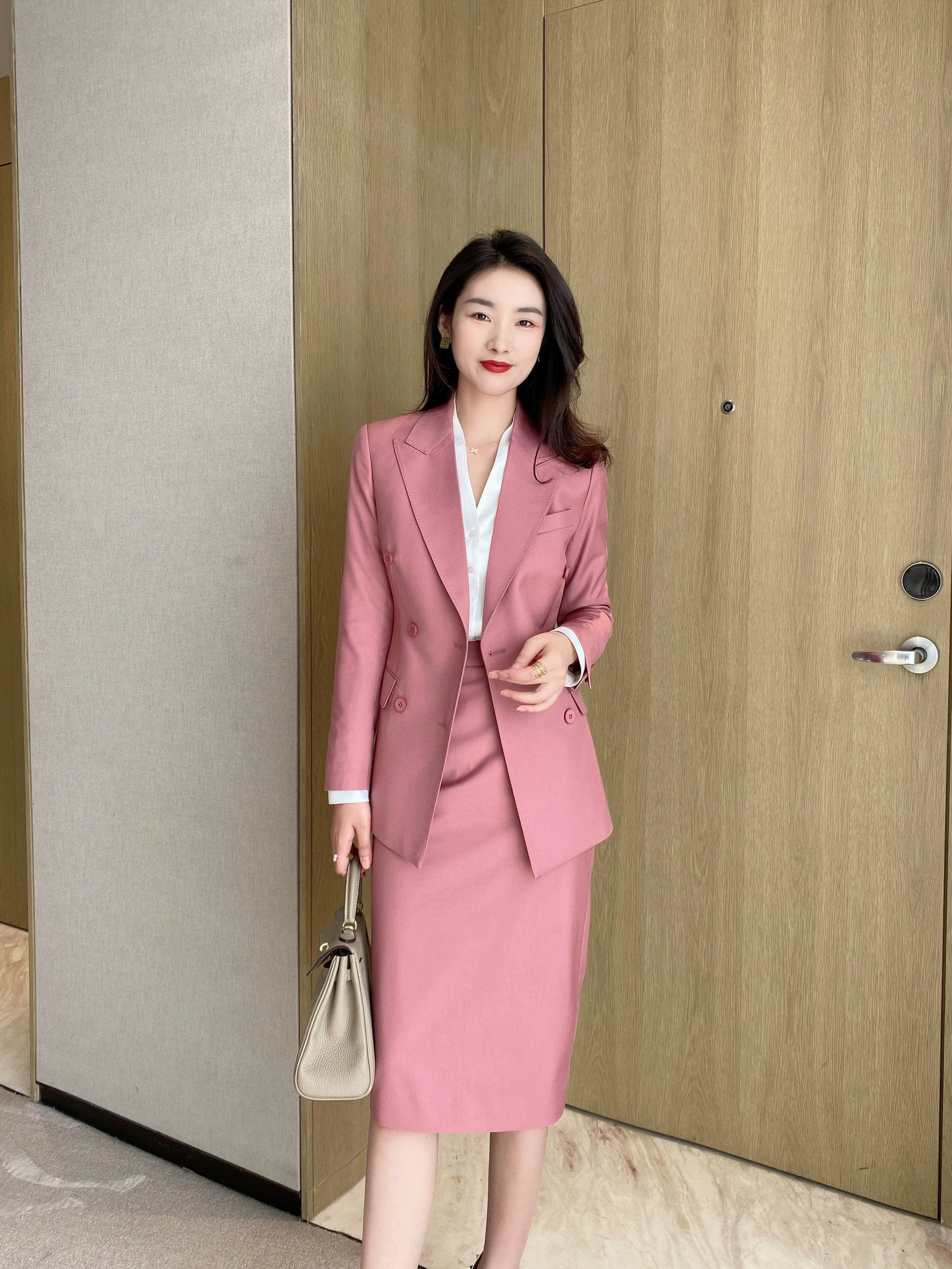 Elegant Dry Rose Powder Women's Suit Jacket & Skirt Set