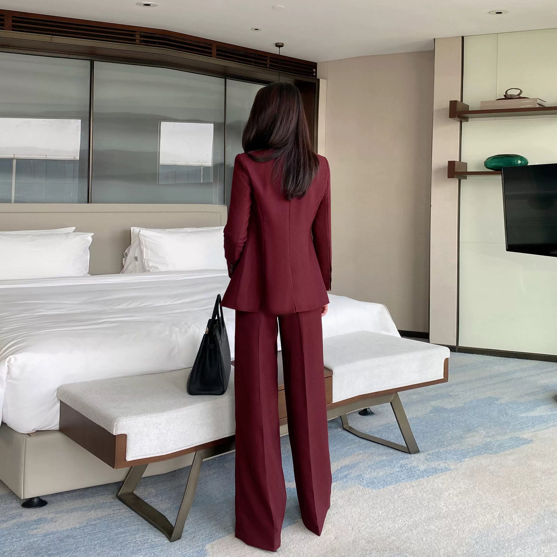 Red One-Button Wool Suit Elegant Wide-Leg Trousers for Women