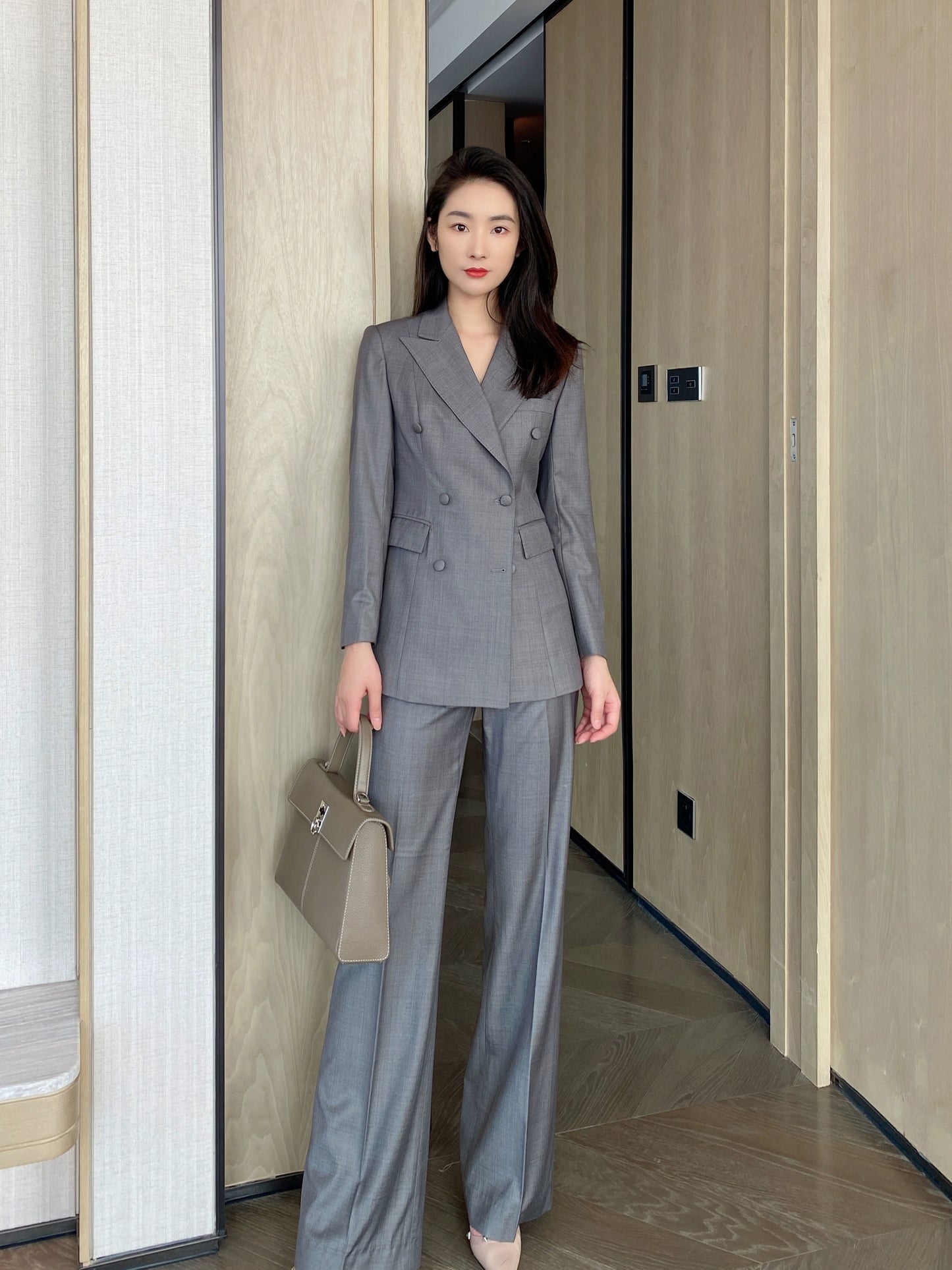 Medium Gray Autumn Classic Women’s Suit Jacket and Trousers Set