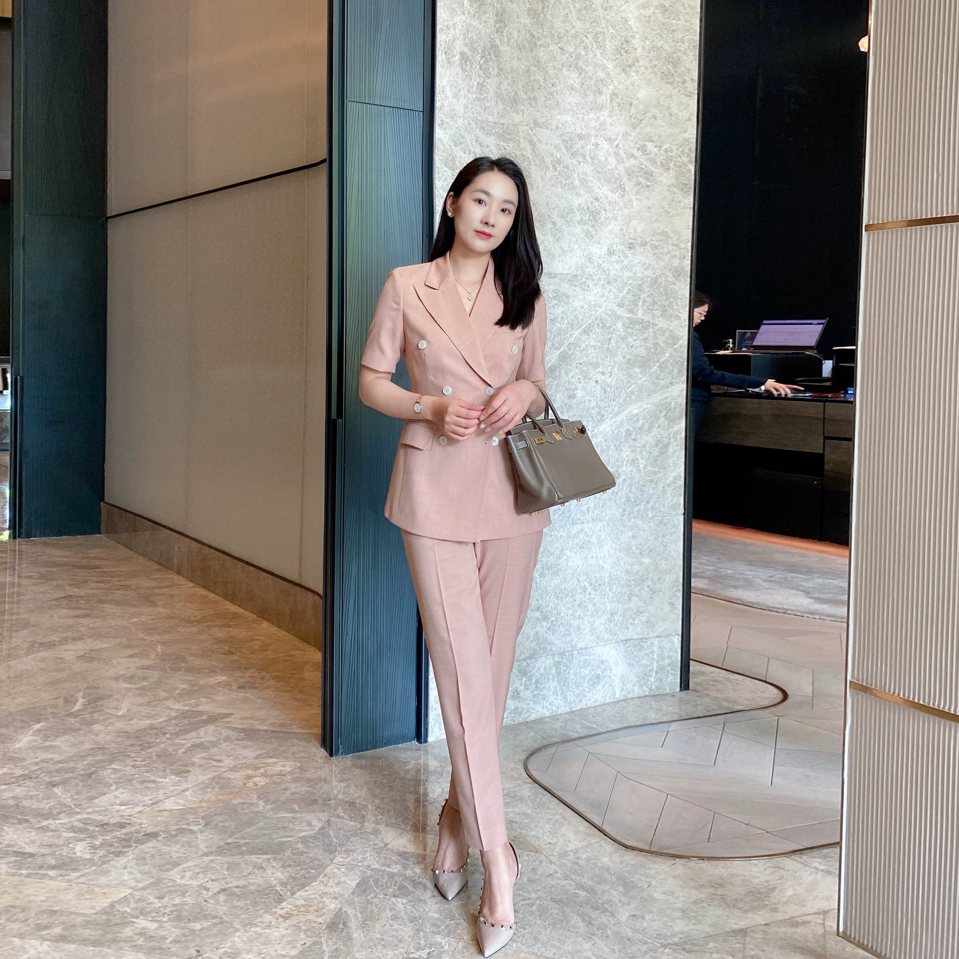 Fuchsia Summer Light Slim Suit Set with Short Sleeve