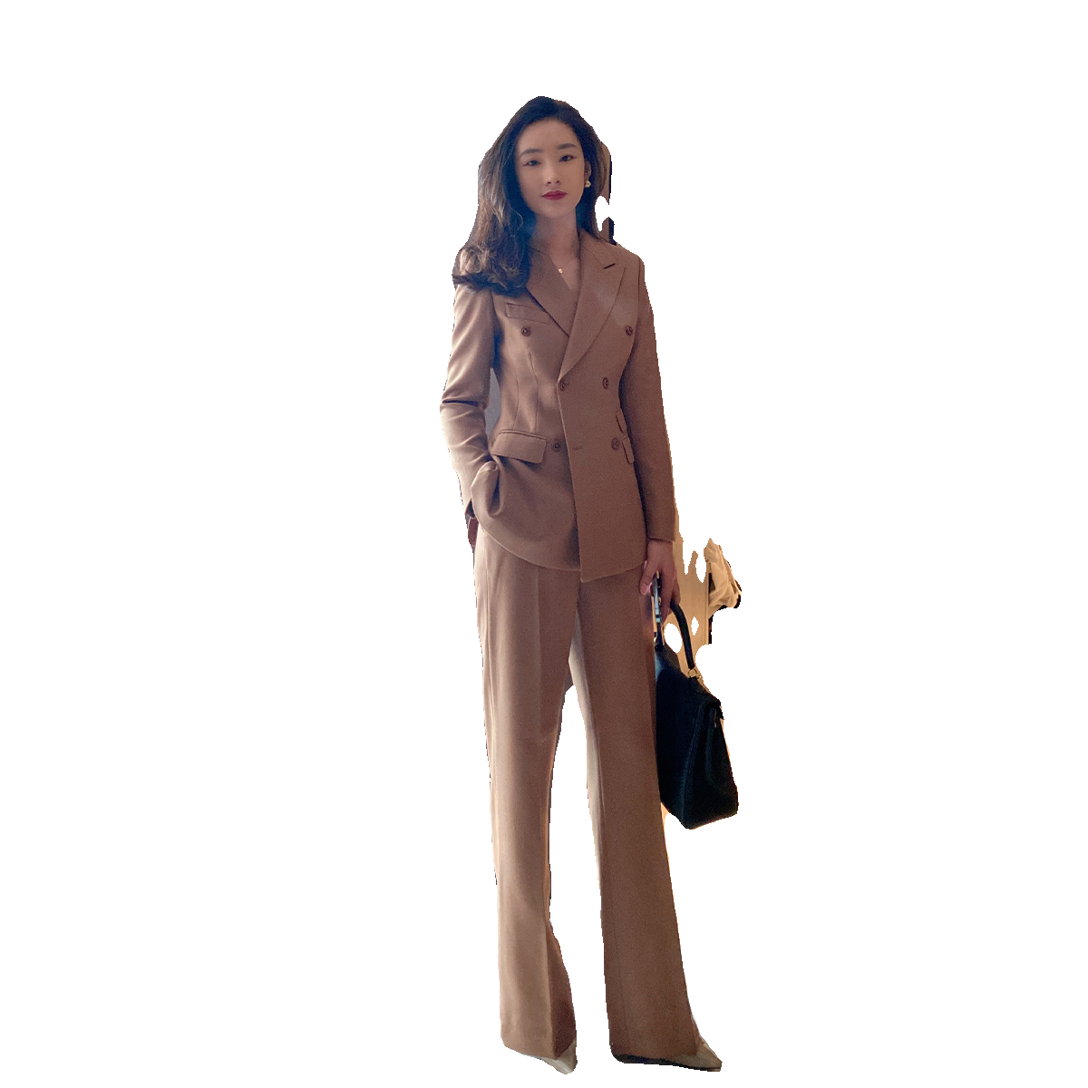 Premium Camel Wool Women’s Suit Set with Slim Fit Trousers