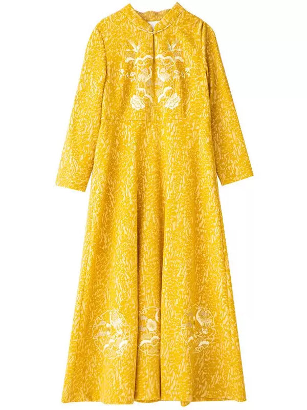 Women's Mid-Length Chinese Style Qipao Dress with Embroidered Collar